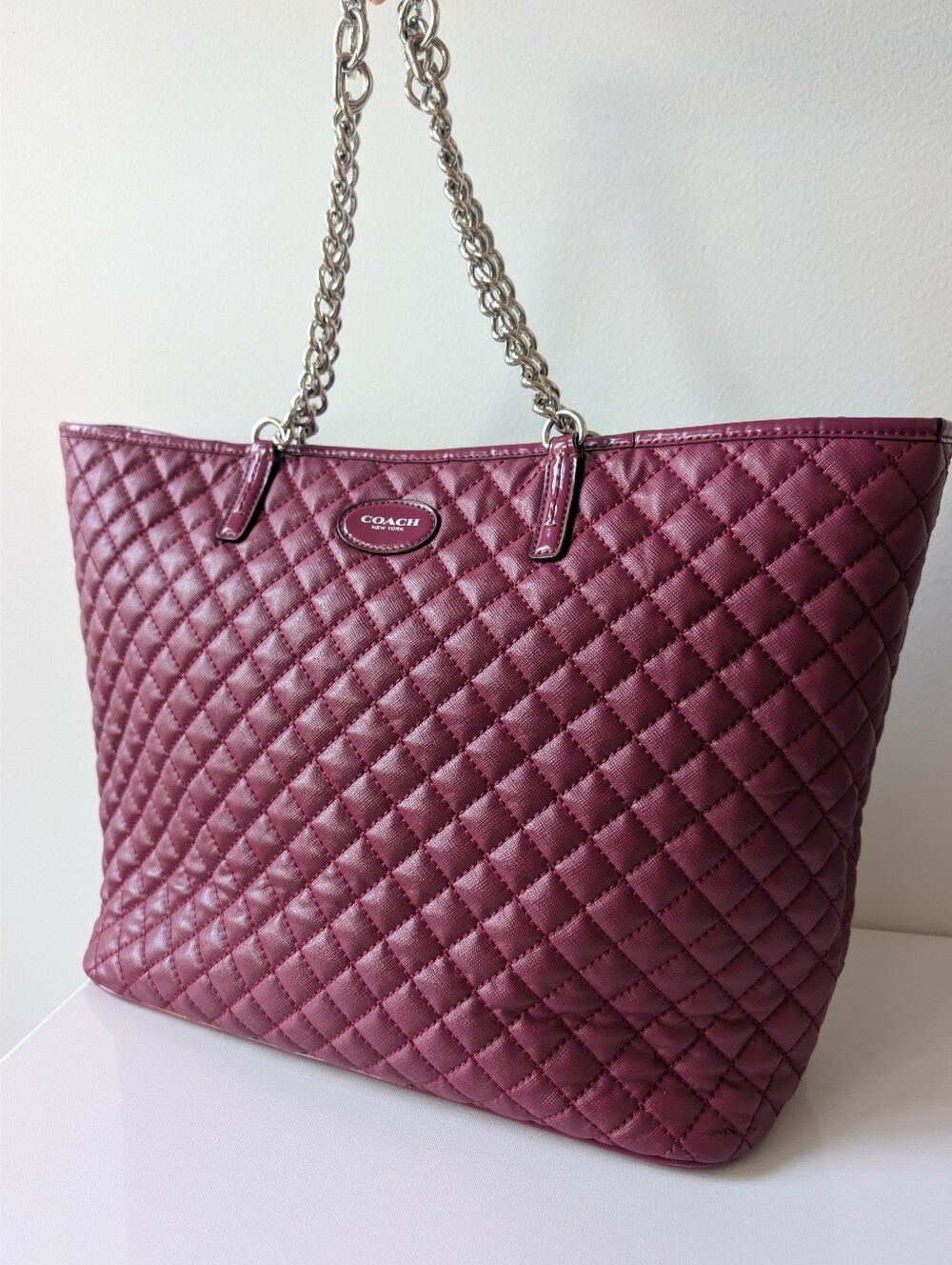 Coach Quilted Tote Bag in Deep Berry with Chain Straps